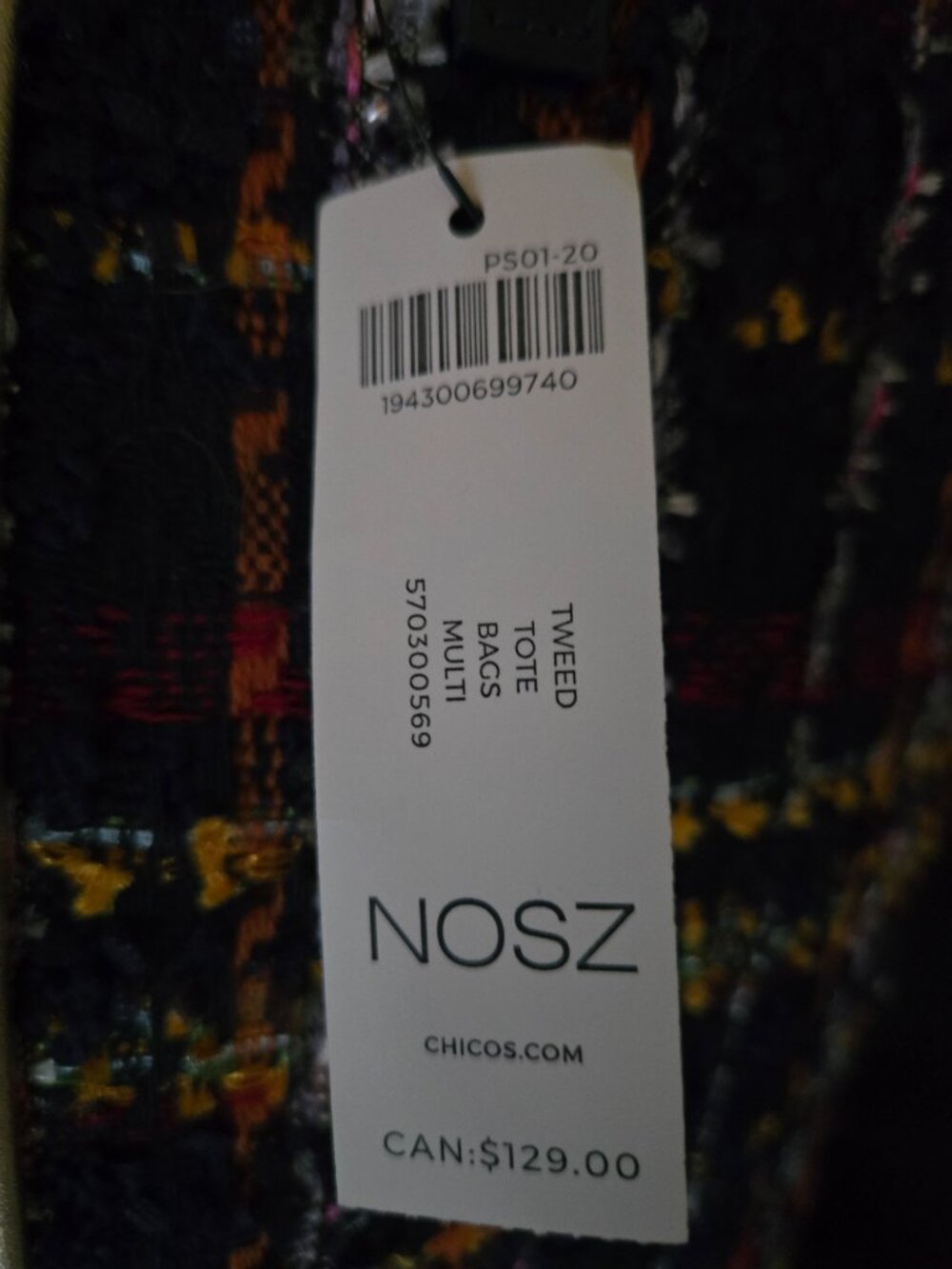 NWT Chico's Navy Multicolor Tweed Plaid Tote Bag Gold Tone Large Shoulder Bag - Picture 4 of 6
